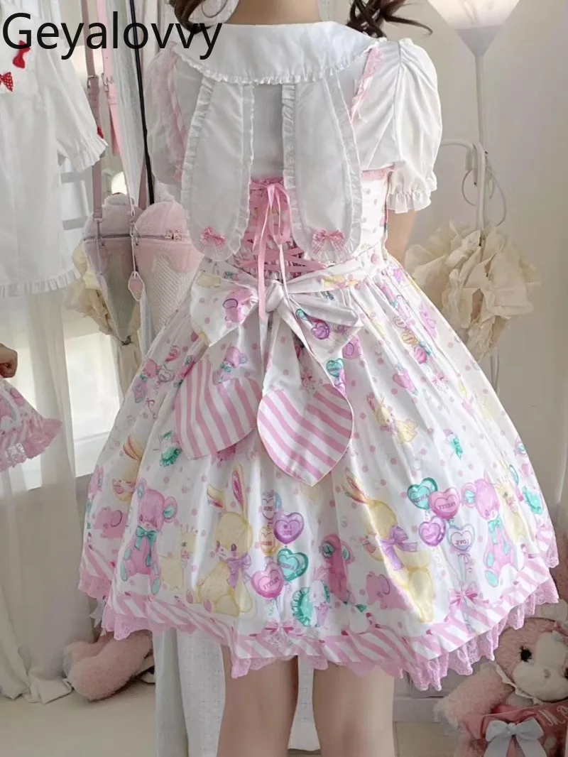 Letnia japońska Lolita, uniwersalna biała bluzka z króliczymi uszkami, kołnierzykiem lalki, krótkim bufiastym rękawem, słodka koszula/bluzka dla dziewczyn/kobiet.