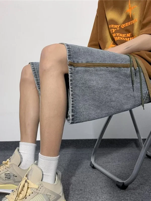 

Мужские джинсовые шорты в американском ретро-стиле, длиной до колена, прямого кроя, летние, модные, молодежные, однотонные, повседневные