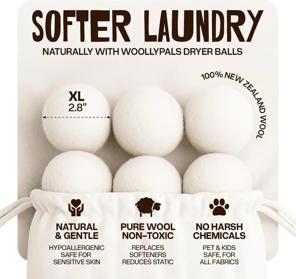 XL Dryer Balls (6-Pack) - 100% New Zealand Wool - Eco-Friendly, Reusable, Softens Laundry & Reduces Static - with Storage Bag