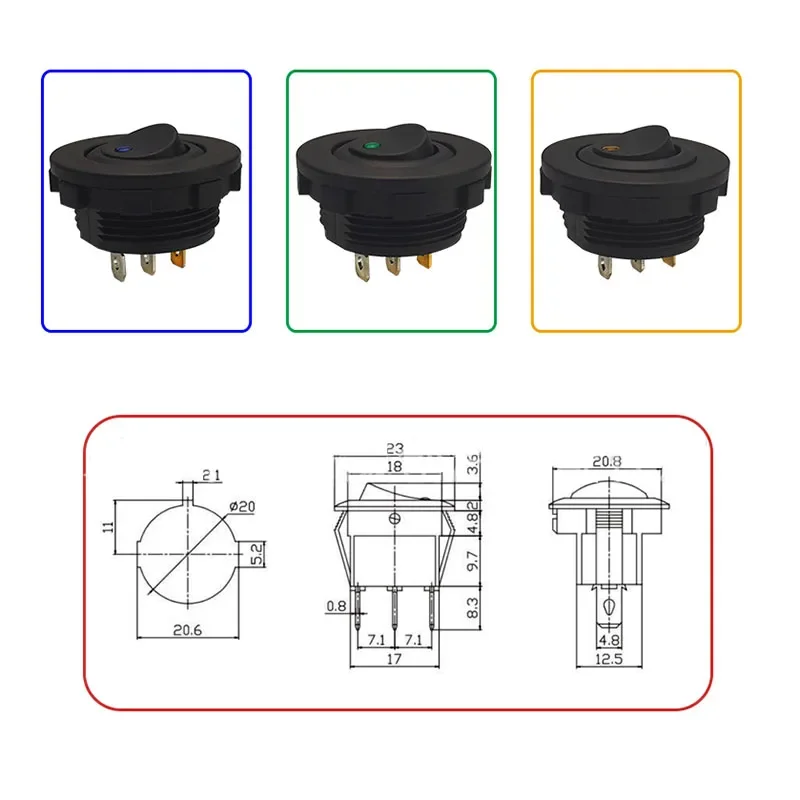 Car Truck Rocker 3 Pin 2 Position Switch on/Off Control SPST for Marine Auto Parts 12V LED Boat Switch with Light