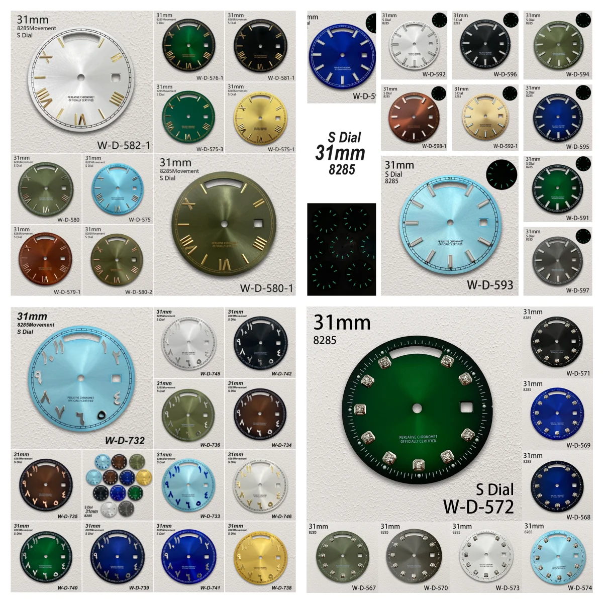31mm S Logo Day And Date Rome/Arab/Diamond Dial Fit 8285 Movement Green/No Luminous Sunray Watch Modification Accessories