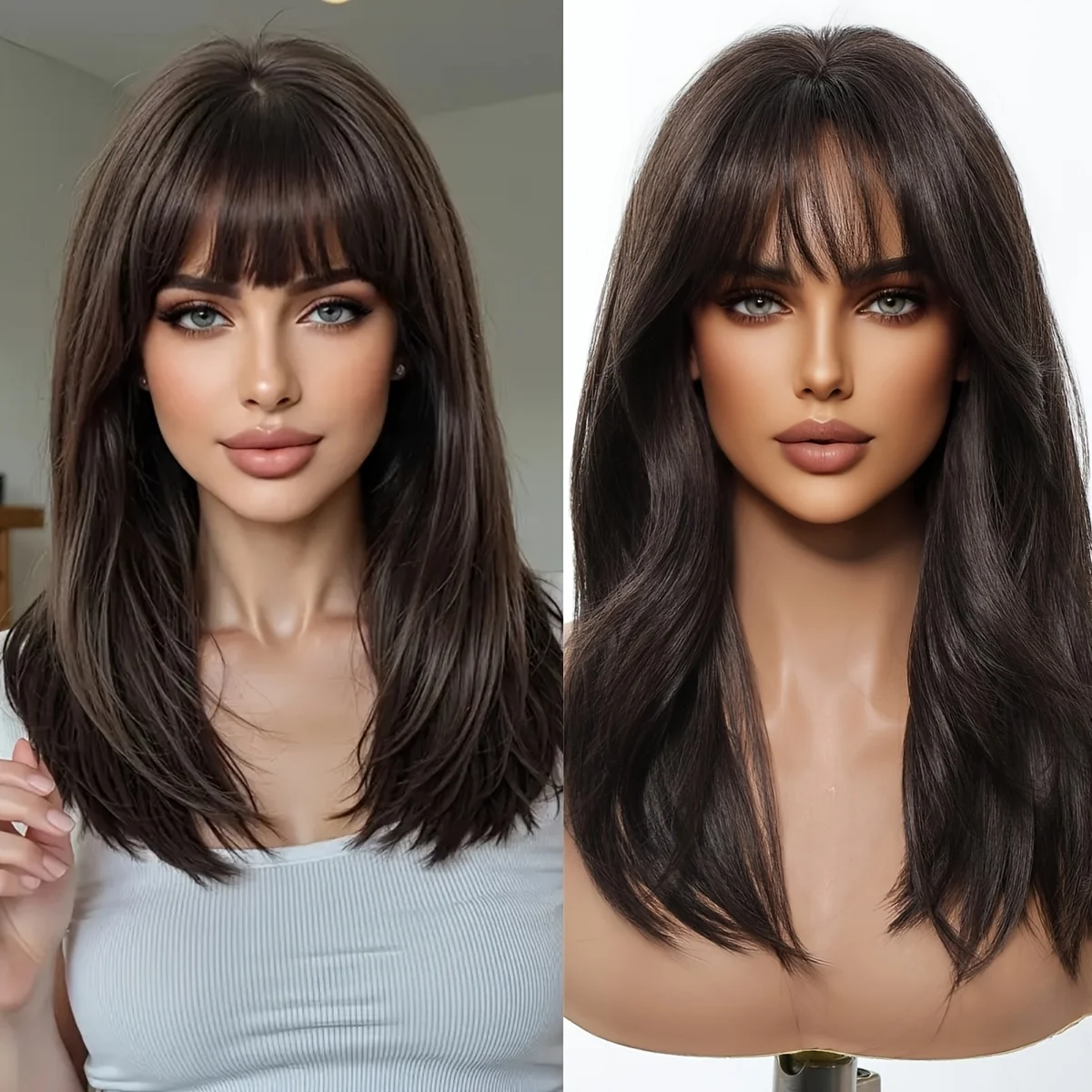 18-Inch dark brown long straight wig with bangs Synthetic women's wig is suitable for ordinary work, life, dance and other place