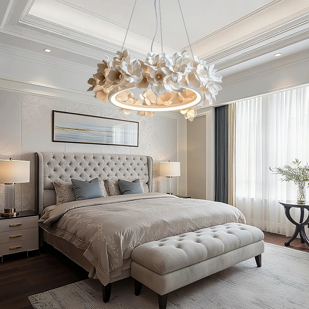 

French Round Floral Pendant Lamp For Living Dining Room Kitchen Table Cream White Resin Hanging Light Double Layer Chandelier