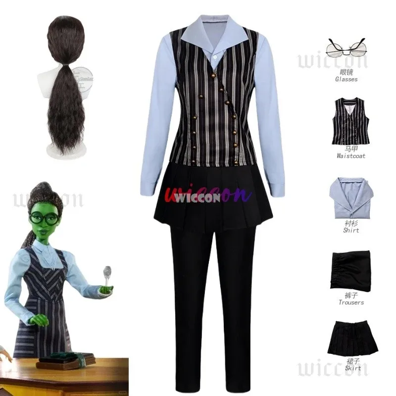 Elphaba Wicked Cosplay Fantasy Costume Disguise for Women School Uniform Glasses JK Dress Shirts Outfits Halloween Carnival Suit