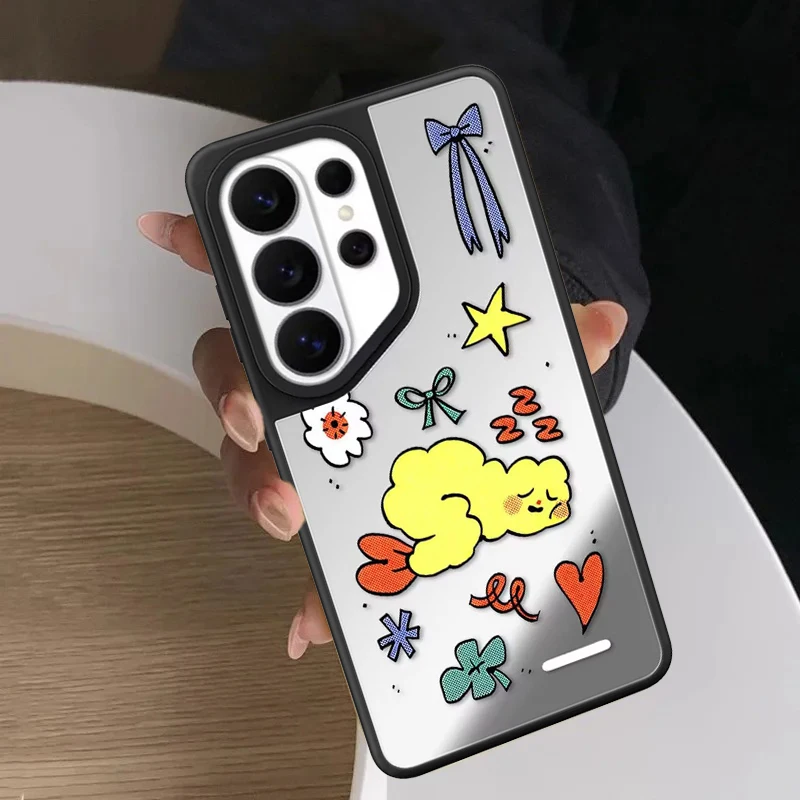 Cartoon Fried Shrimp Mirror Surface Magnetic Phone Cover for Samsung Galaxy S23 S24 S25 S26 Ultra S26+ Plus Case
