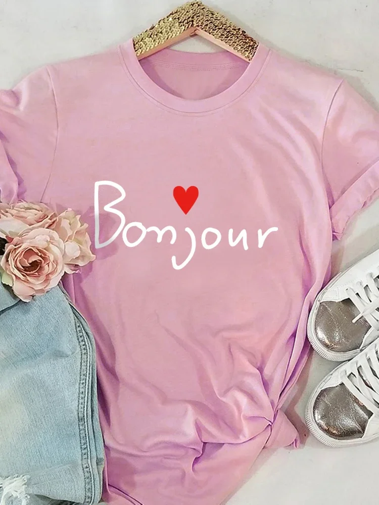 Bonjour Heart Print Women T Shirt Short Sleeve O Neck Loose Women Tshirt Ladies Tee Shirt Tops Clothes Camisetas Mujer