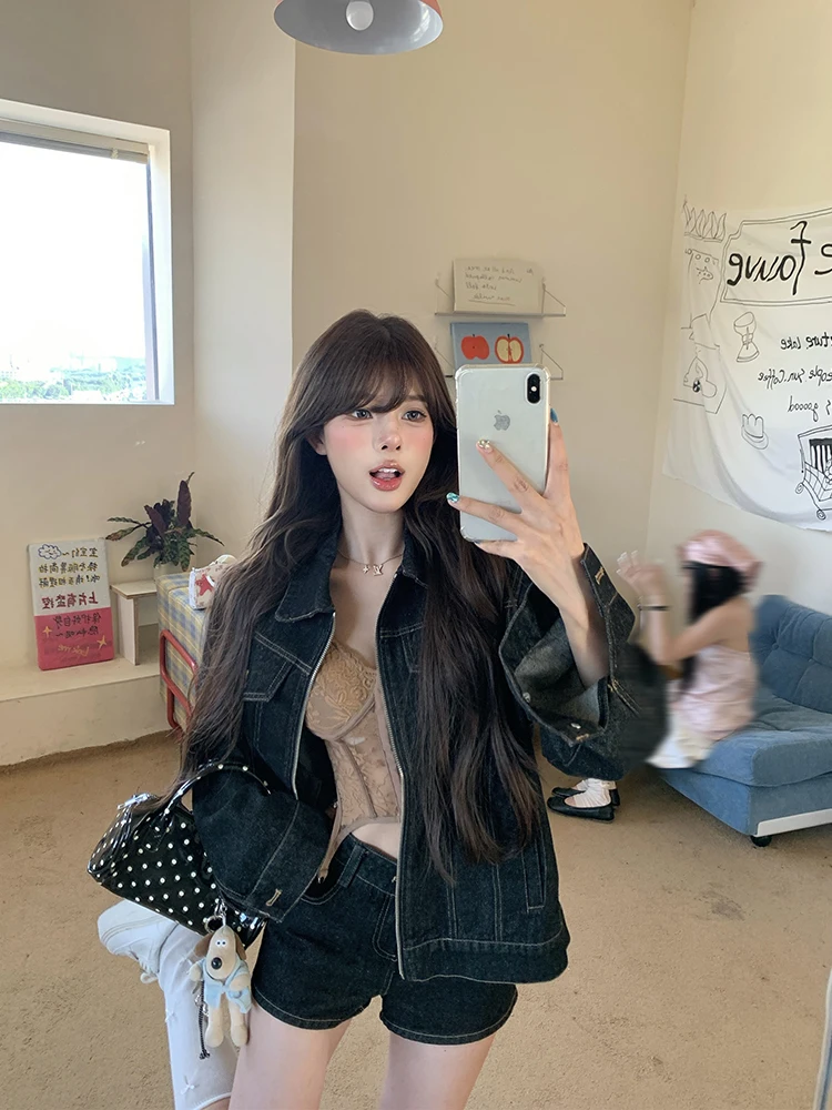 

Джинсовые пальто женские осенние укороченные большие лоскутные двубортные плиссированные студенческие минималистичные молодежные утилиты на шнурке