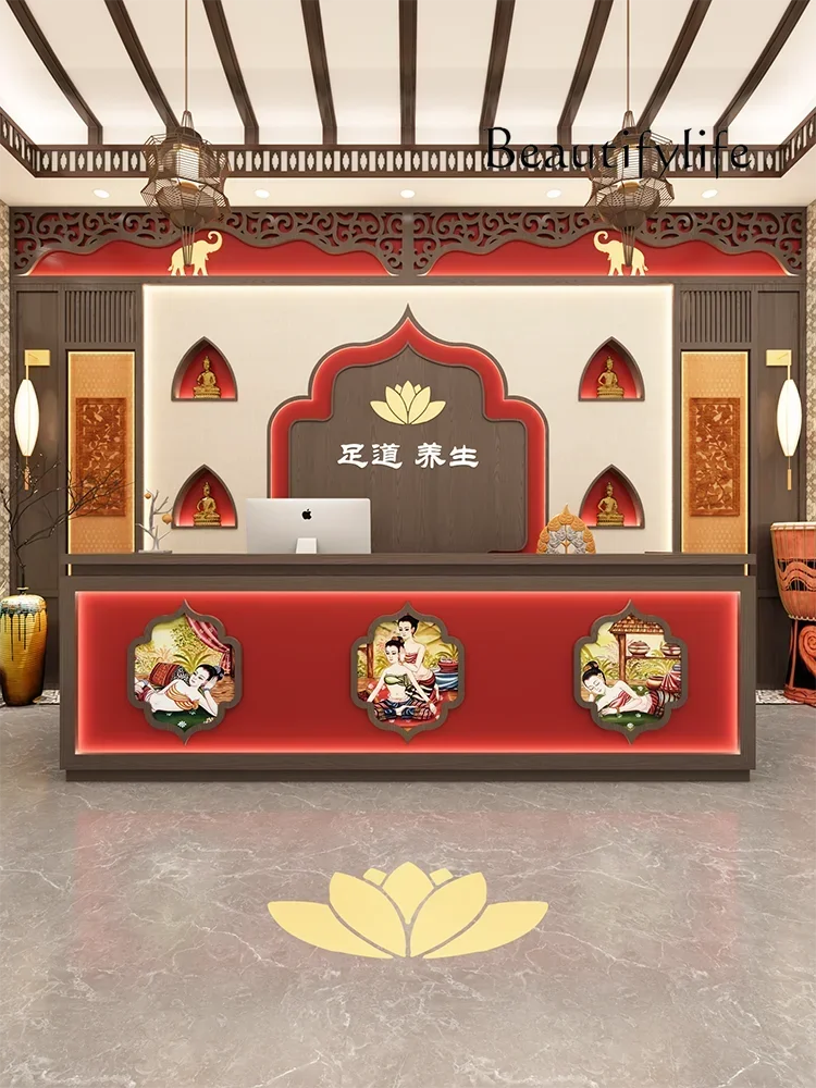 Beauty salon retro health center cashier bar counter restaurant front desk ethnic style yoga studio reception desk