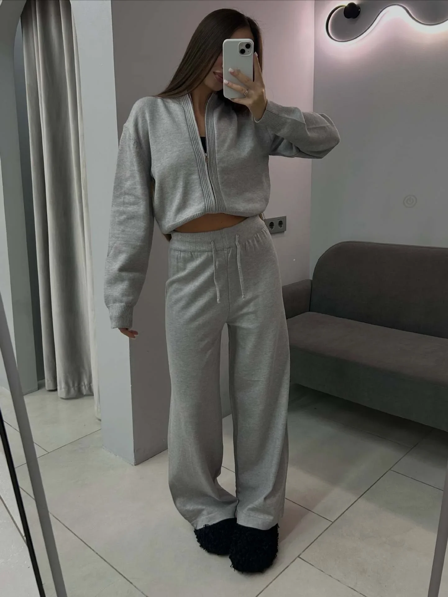 Solid Knitted Cardigan Drawstring Waist Trousers 2-piece Set Round Collar Zip Coat Straight Leg Pants Suit Autumn Casual Outfits