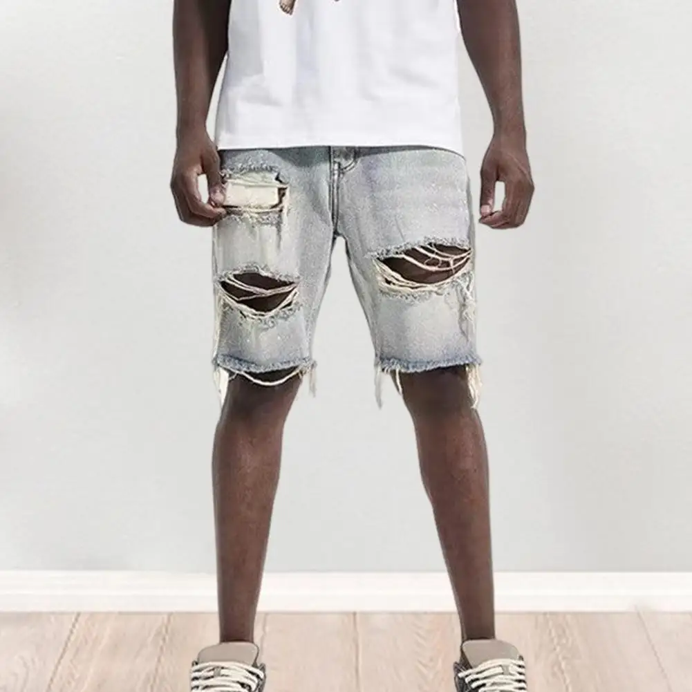 Men Summer Distressed Denim Shorts Button Zipper Fly Multi Pockets Short Jeans Straight Fit Ripped Holes Knee Length Distressed