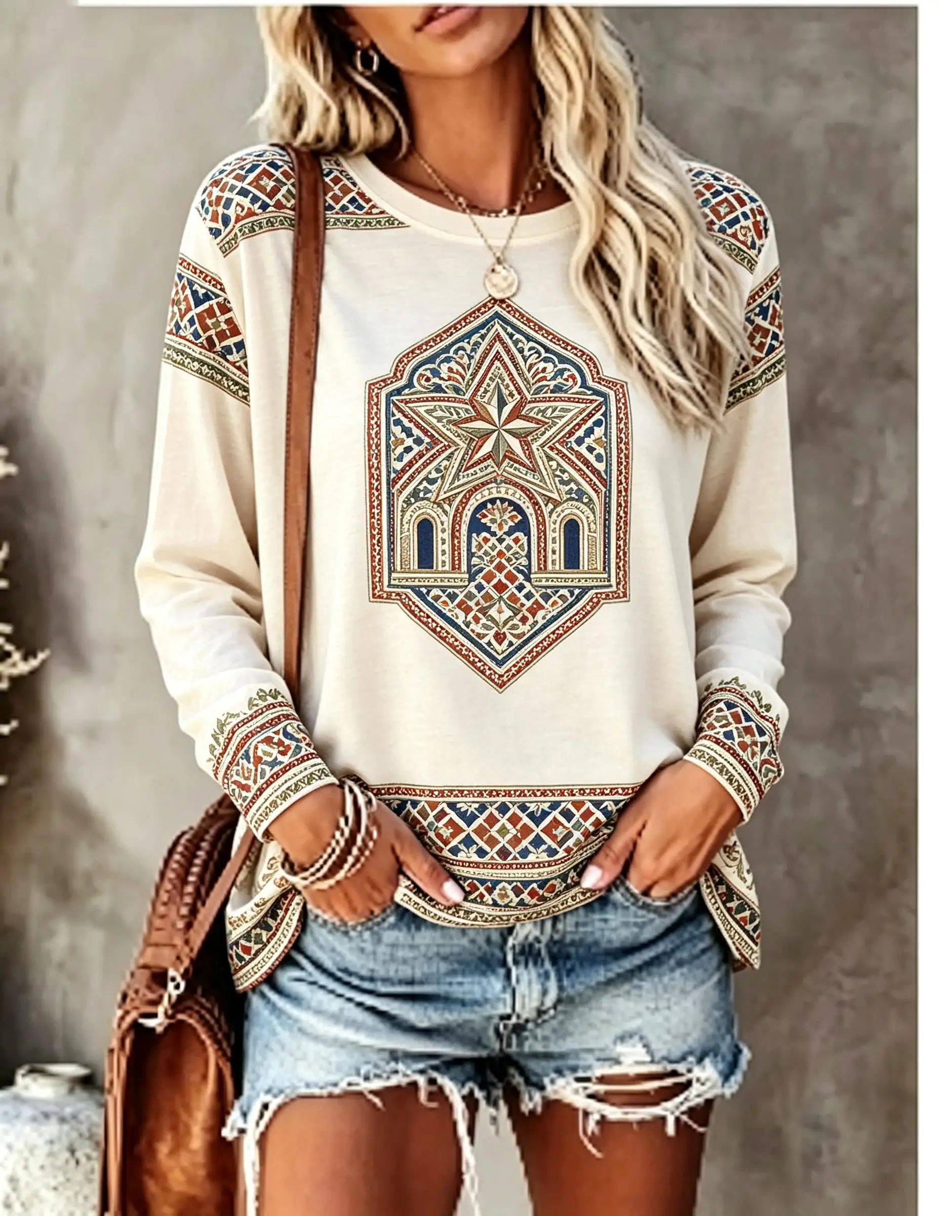 Women Long Sleeve T‑Shirt Boho Moroccan Architecture Geometric Ethnic Tribal Print Crew Neck Casual Tops