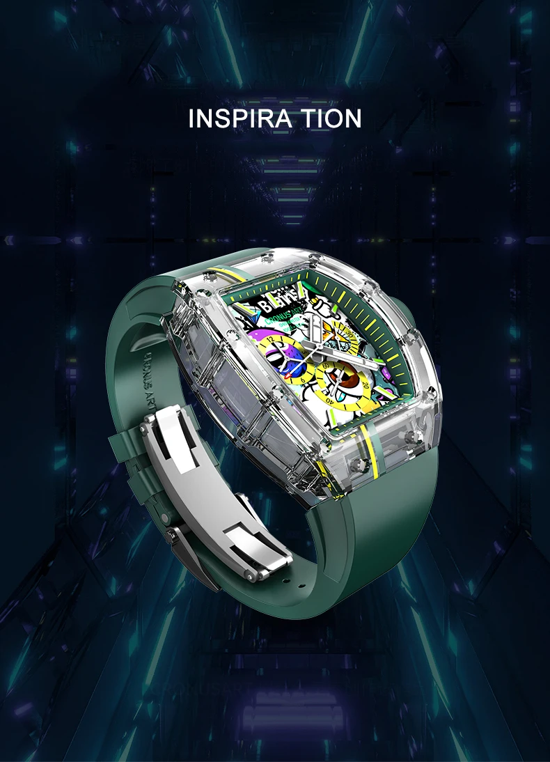 CRONUSART Orologio cronografo da uomo 50MM Tonneau Orologio da polso meccanico Cassa in zaffiro Cinturino in gomma fluorurata luminosa Grandi finestre triple