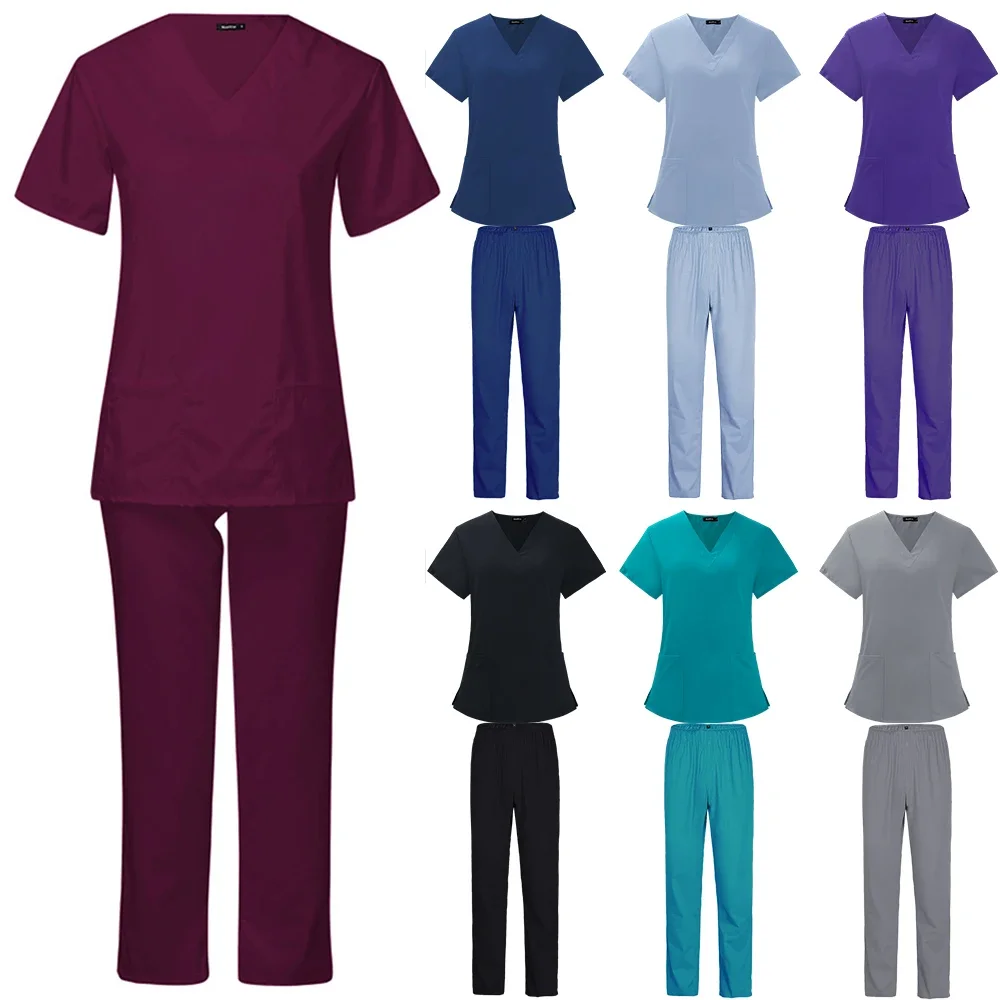 Zomer Dunne Unisex Scrubs Set Voor Man Vrouwen Schoonheidssalon Verpleegster Scrubs Pak Lab Spa Uniformen V-Hals Huisdierenverzorging Werkkleding