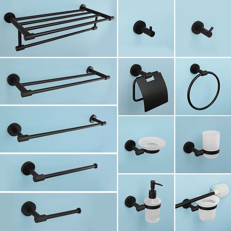 Matte Black Bathroom Hardware 304 Stainless Steel Towel Rack Toilet Paper Holder Liquid Soap Holder Towel Bar Toilet Accessories