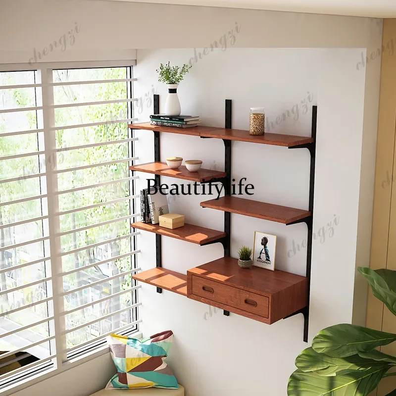 B456 Mid-Century Wood Bookcase Nordic Retro Wall-Mounted Track Shelf Designer's High - End Home Furniture Estante Industrial