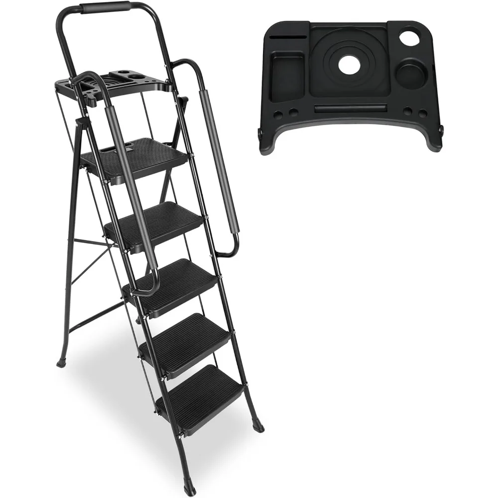

5 Step Ladder with Handrails & Tool Tray Platform, 330 lbs Folding Step Stool Ladder, Portable Steel Ladder for Kitchen Pantry H