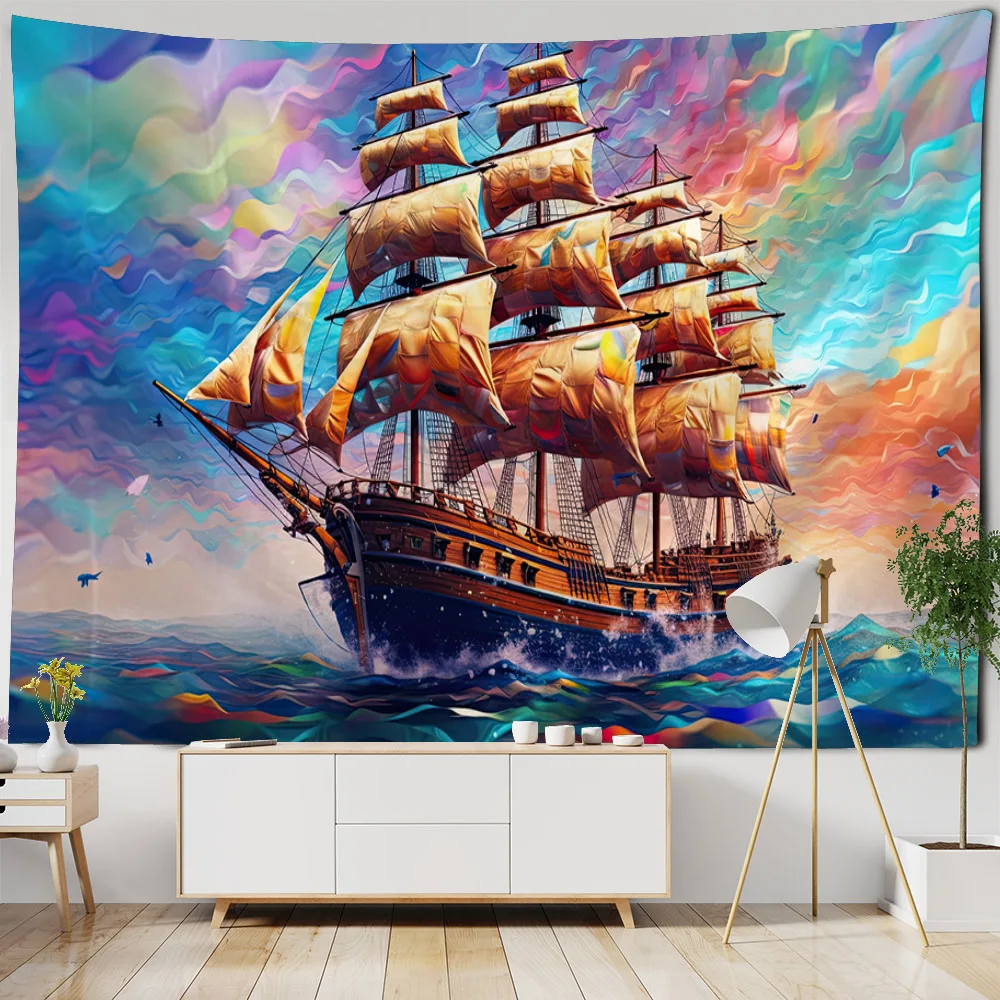 

Ocean Sailing Landscape Tapestry Wall Hanging Color Oil Painting Aesthetics Home Art Decoration Room Dormitory Background Cloth