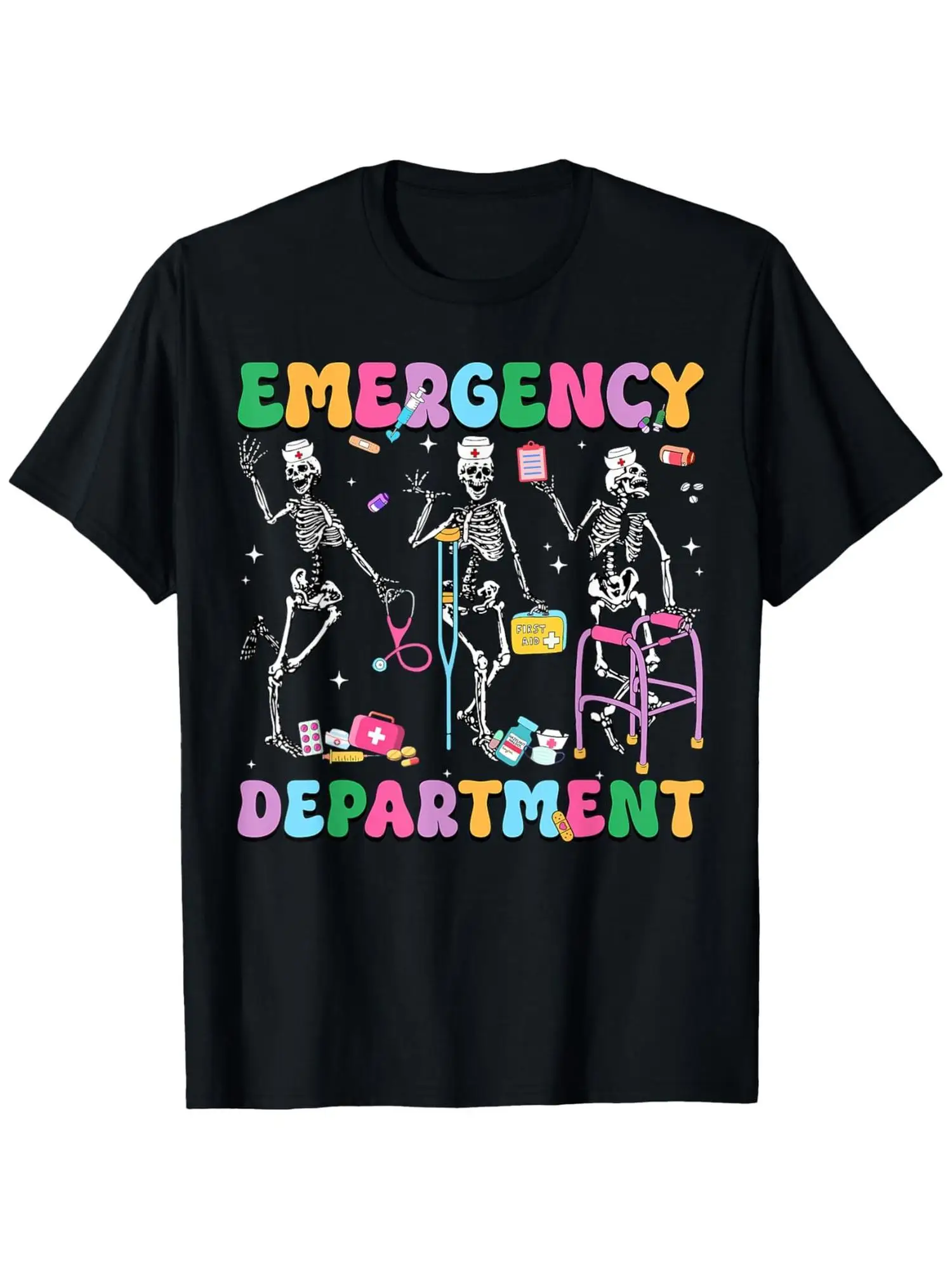 Groovy Er-Themed Funny Dancing Skeleton Nurse T-Shirt - Emergency Department   Icons (, EKG, Pills) -  Unisex Casual Tee in Sizes  - Humorous Gift for Doctors, Nurses, ER Staff