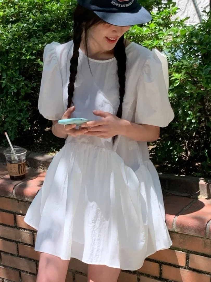 กระโปรงทรงบับเบิ้ลหลวมๆ สไตล์เกาหลี สีพื้น รุ่นใหม่สำหรับฤดูร้อน สีฟ้านม สไตล์ลำลอง เหมาะกับการเดินทาง