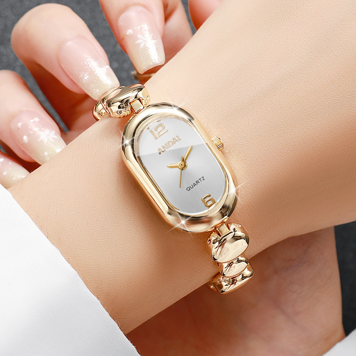 Elegant Oval Dial Women Quartz Watch Gold Beads Bracelet Wristwatch Fashion Ladies Dress Clock Relogio Feminino (Without Box)