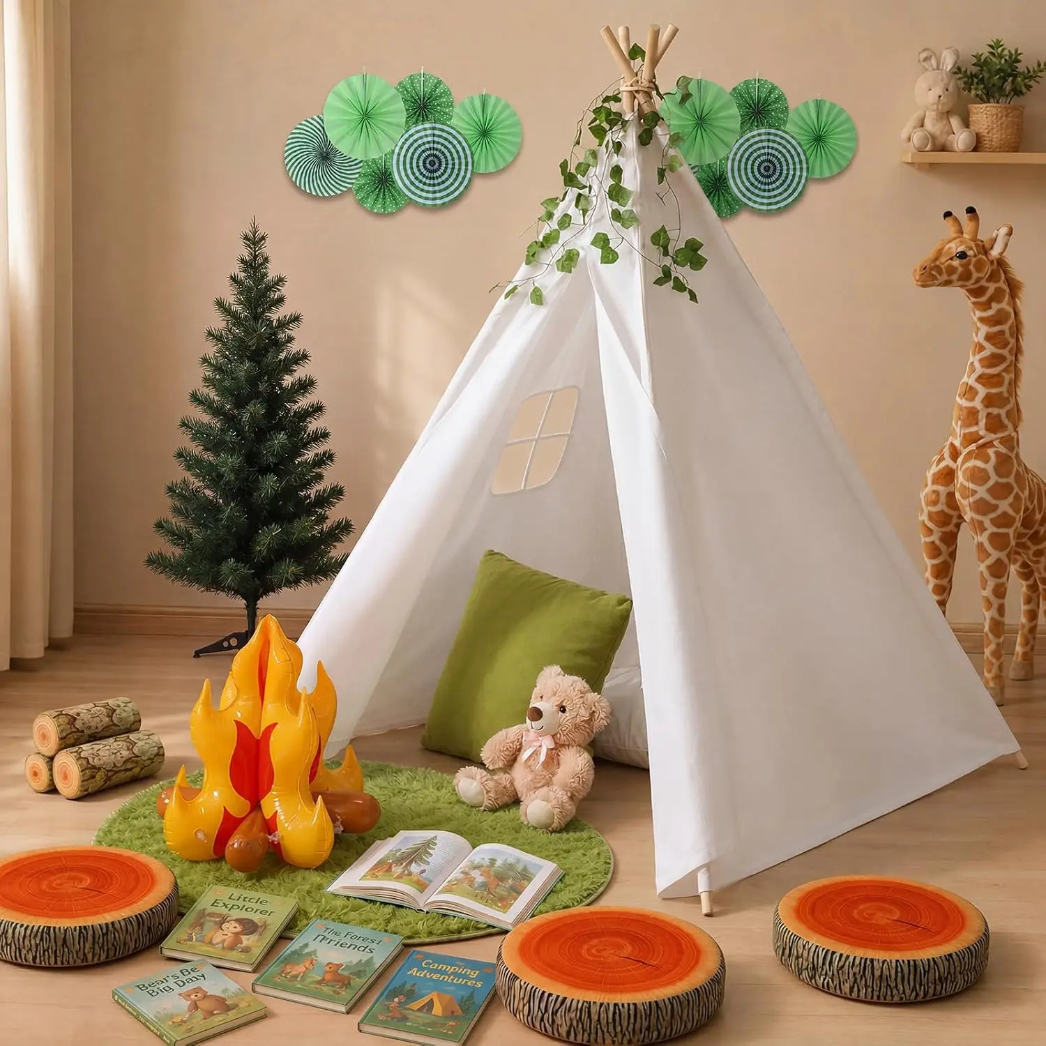 Camping Reading Corner Decor Set 24 Pieces Kids Reading Nook Tent Stump Cushion Fake Tree Inflatable Campfire Green Paper Fans R