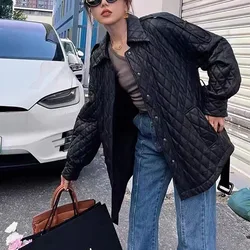 Leather Jackets for Women Winter Lapel Rhombic Lattice Padding Cotton Fashion Belt Slim Khaki Sheepskin Veste Matelassée Femme
