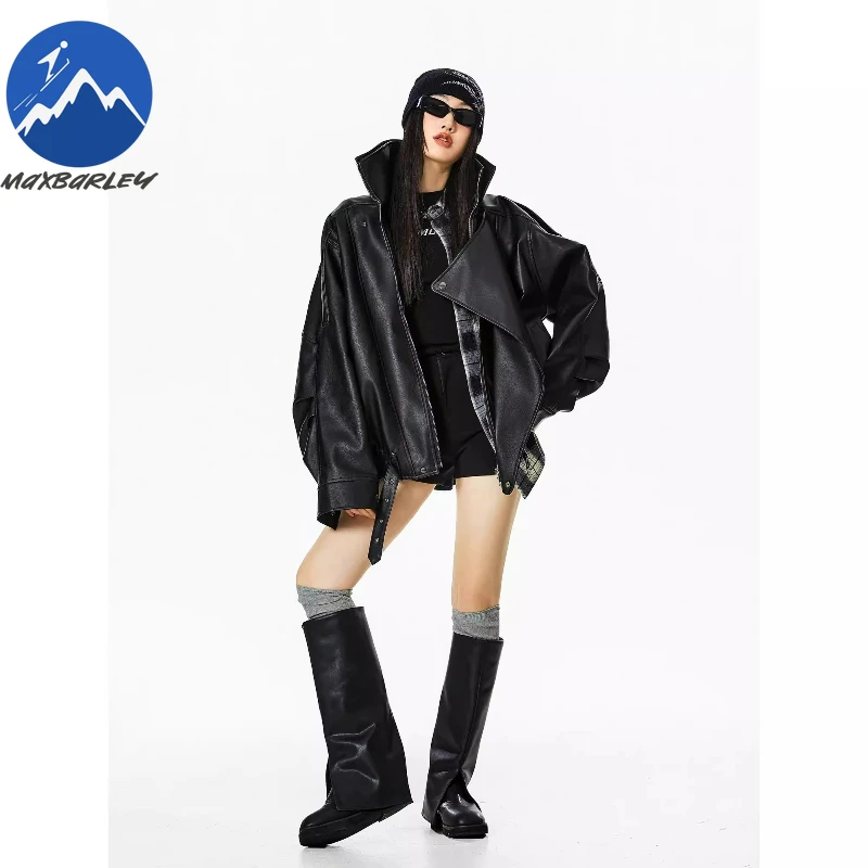 Giacca in pelle Maxbarley Giacca corta oversize in ecopelle PU retrò femminile con cintura Cappotto da motociclista con cerniera streetwear