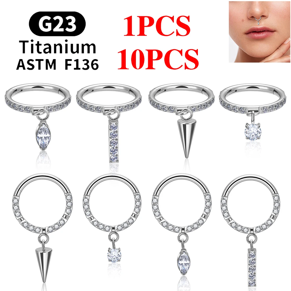 1/10PCS G23 Titanium Piercing Round Earring Hoops CZ Pendant 16G Septum Ring Women Tragus Cartilage Helix Daith Piercing Jewelry