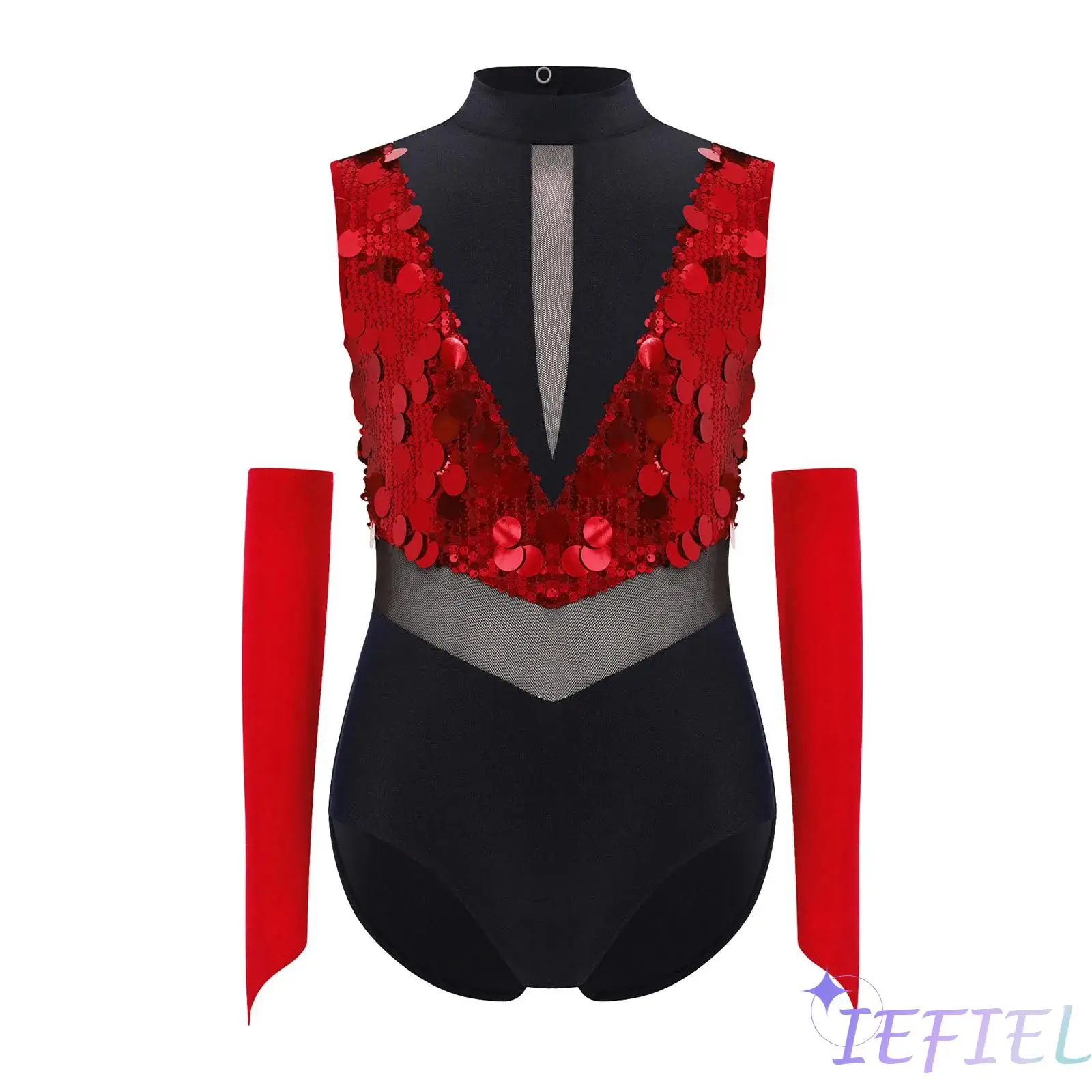

Girls Gymnastics Dance Performance Outfit Mock Neck Sleeveless Cutout Back Sparkling Sequins Color Block Leotard with Gloves