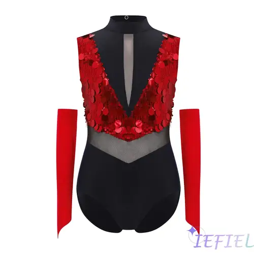 Imagen 1 del producto Traje de actuación de baile y gimnasia para niñas, cuello simulado, sin mangas, recortado en la espalda, lentejuelas brillantes, leotardo de bloques de Color con guantes