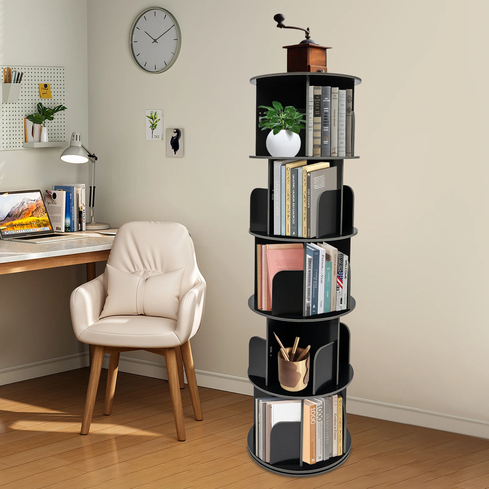 3/4/5 Tier Rotating Display Bookshelf -360° Unique Revolving Storage Rack, Floor Standing Wood Bookshelf Organizer