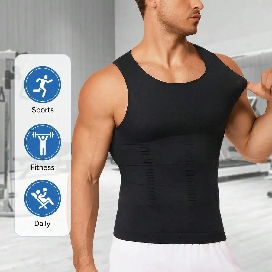 

Men Nylon Spandex Seamless Compression Top Slimming Body Shaper Chest Support Shirt Workout