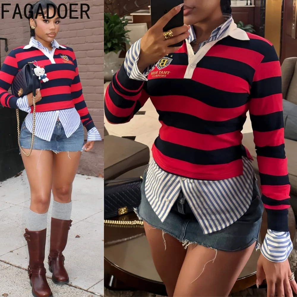 

FAGADOER Fashion Letter Embroidery Patchwork Pullover Woman Striped Color Block Lapel Long T-shirt Female Streetwear Clothing