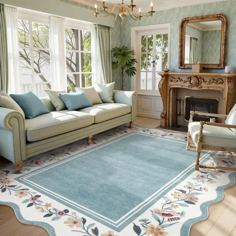 VIKAMA French-Style Floral Border Floor Mat - Slip-Resistant Living Room Floor Mat - Bedroom Decorative Pad - Home Decoration