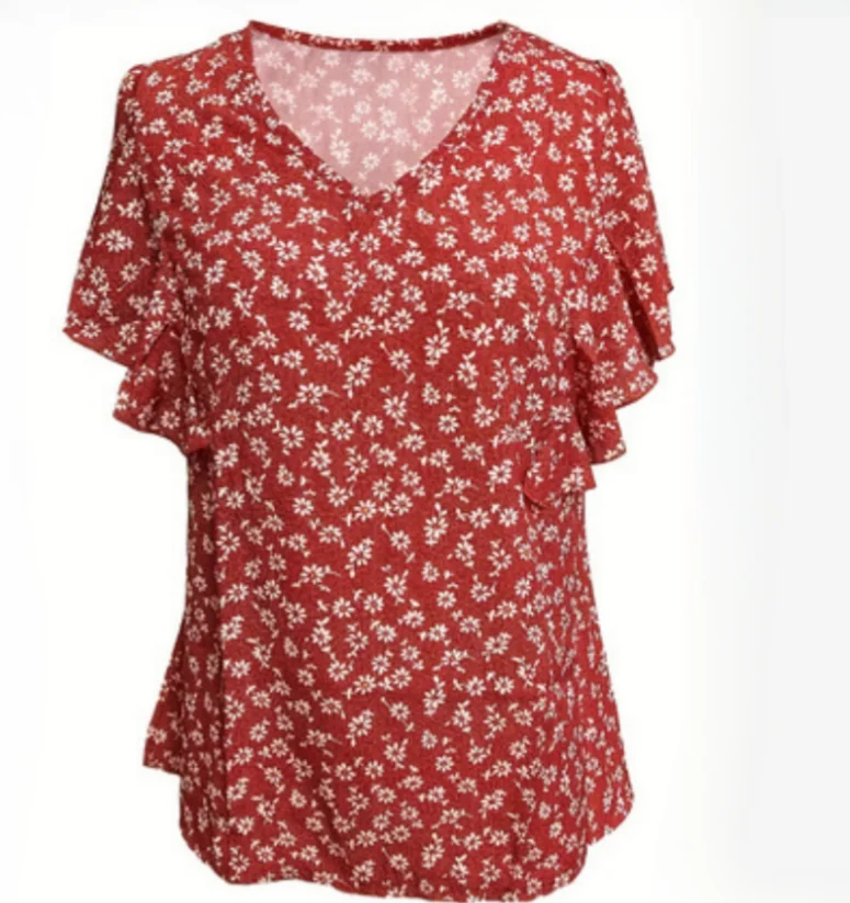 Women\'s fashionable V-neck solid color daisy pleated shirt casual short sleeved top for women