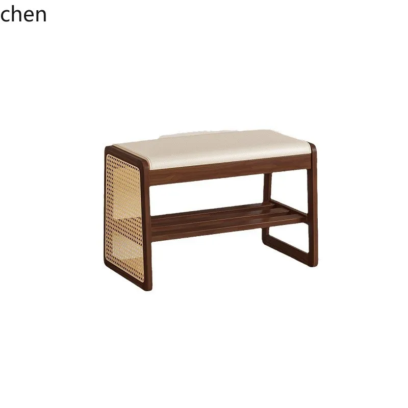 ZML Solid Wood Rattan Shoe Changing Stool for Home Entrance, Can Be Used as a Seat or Shoe Cabinet