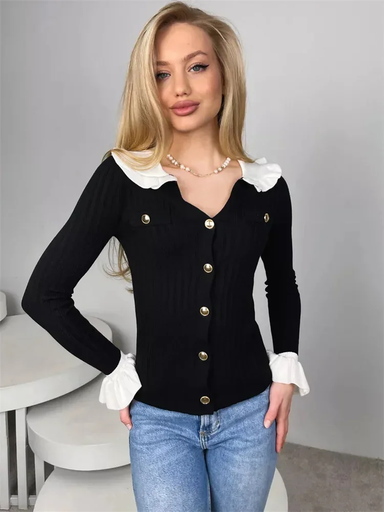 Tossy Ruffled Knit Cardigan Sweater For Women V-Neck Contrast Pocket Patchwork Slim Elegant Cropped Top Female Knitwear Cardigan