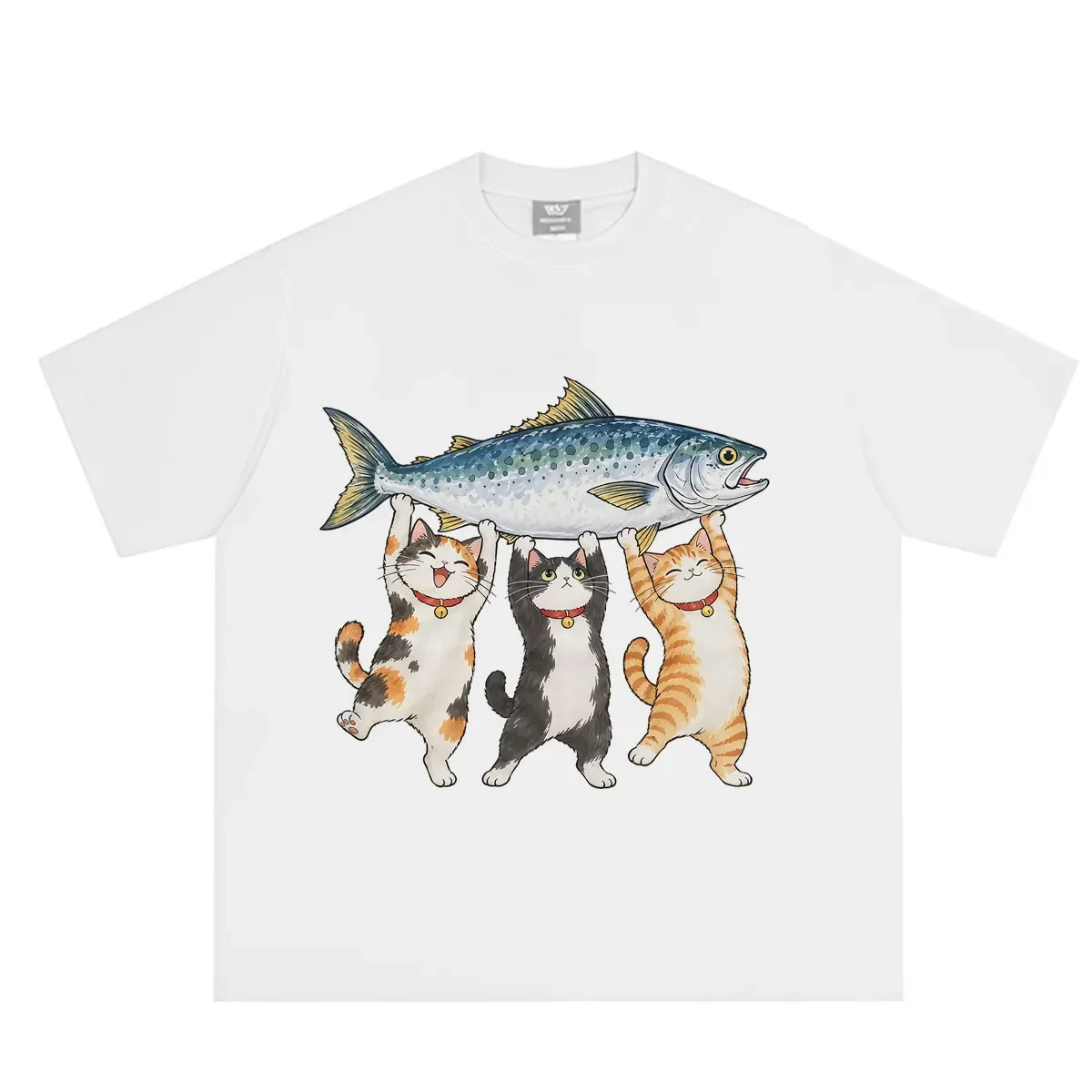 Three Cats Carrying Giant Fish Funny Cat Fishing T-Shirt Women Hip-hop T Shirt Short-sleeved Loose CasualT-shirts