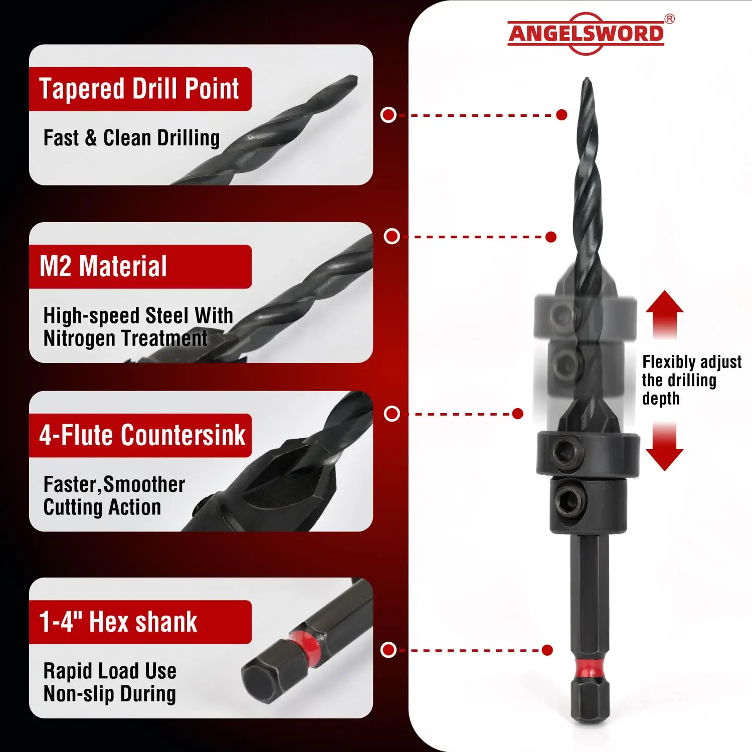 8PCS Countersink Drill Bit Set, Tapered Drill Bits #4-#12 with Depth Stop Ring - view 3