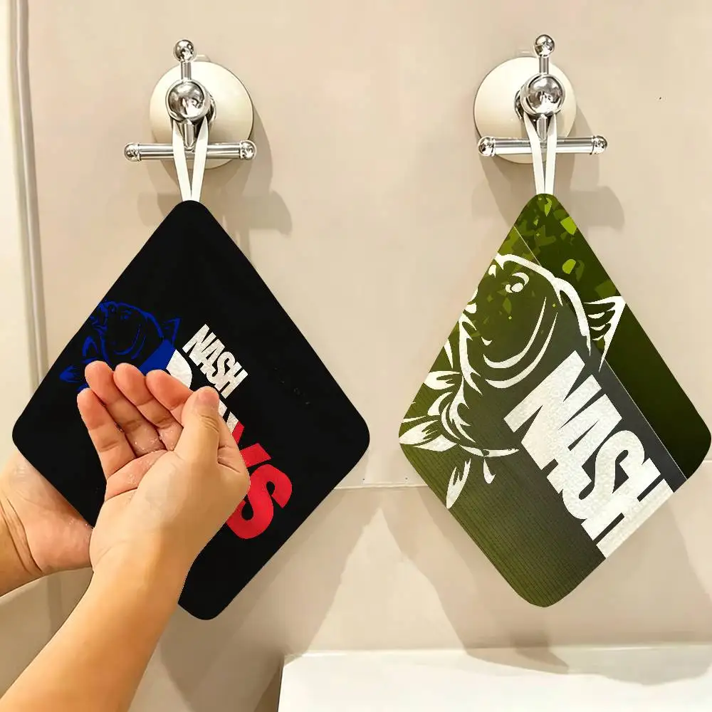 Nash Fishing Logo Thickened Polyester Cotton Hanging Towel, High Absorbent Hand Wiping Towel For Indoor Use