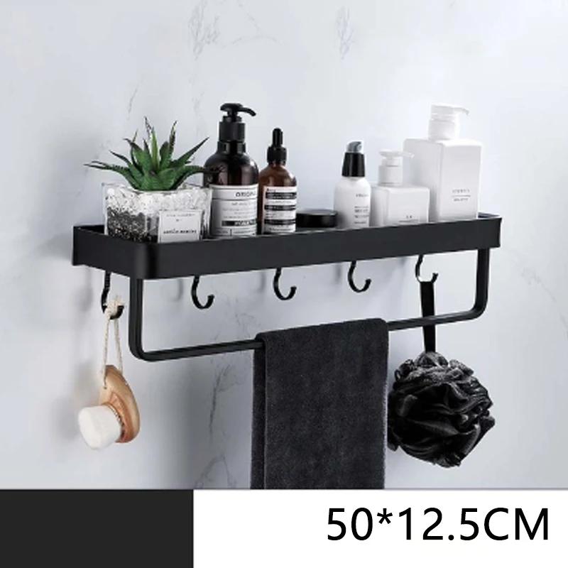 ULA Black Bathroom Shelf 30/40/50/60 cm Kitchen Wall Shelf Shower Holder Storage Rack Towel Bar Robe Hooks Bathroom Accessories