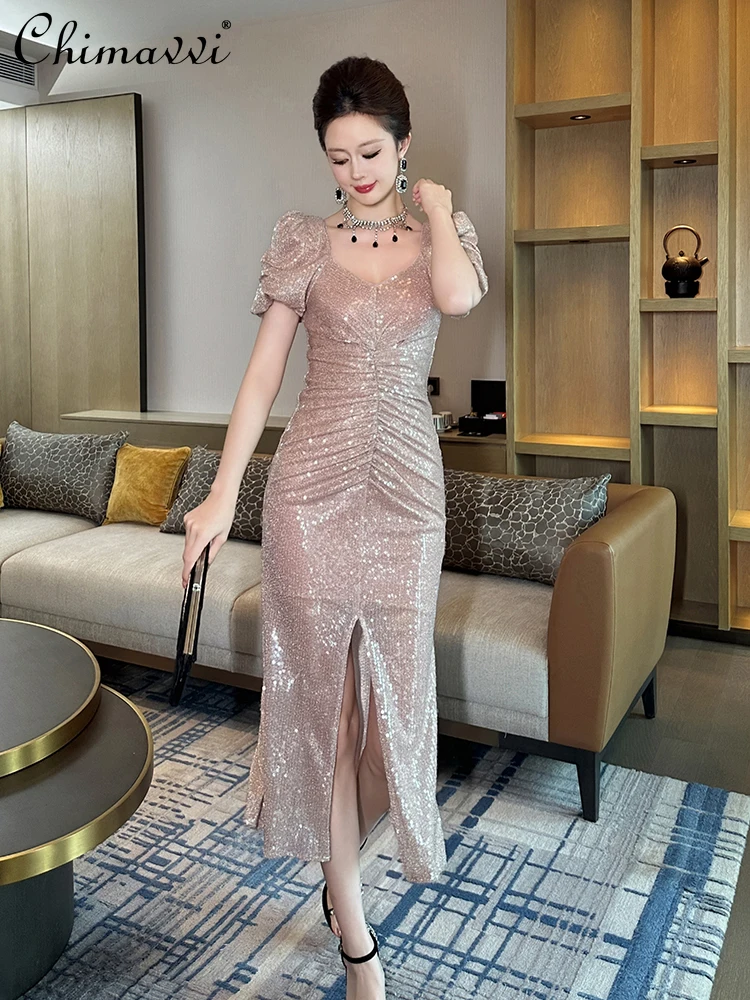

French Elegant Socialite Banquet Evening Dresses Square Neck Bubble Sleeve High Waist Slim Fit Sequins Fishtail Long Dress Women