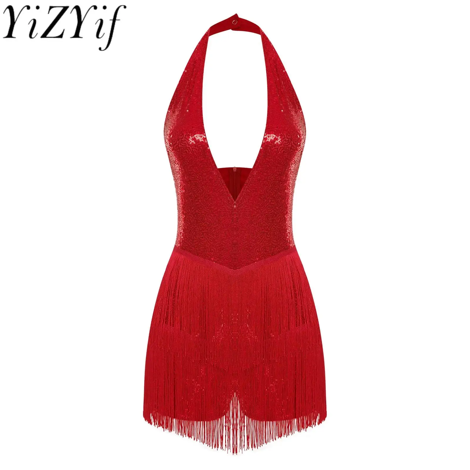 

Women Sexy Deep V Neck Latin Chacha Samba Dance Performance Tassel Dress Leotard Sleeveless Shiny Fringe Rumba Jazz Dance Wear