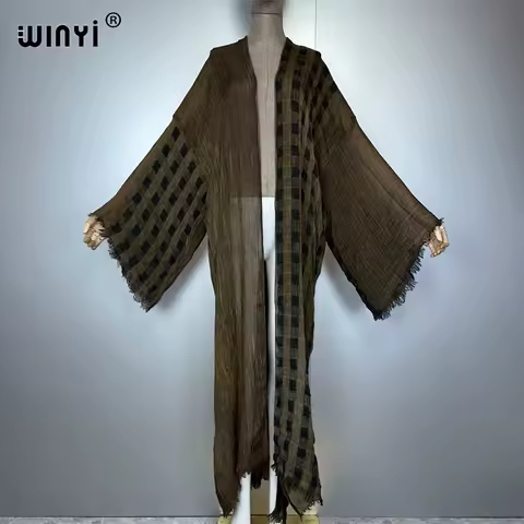 WINYI retro kimono kaftan beachwear Hand dyed cardigan evening dress abaya dubai luxury cover-ups beach outfits women maxi dress