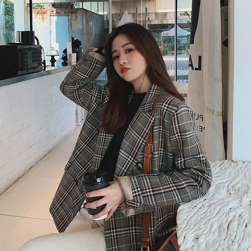 Pop Pop Vintage Casual Women'S Green Plaid Blazer Fashion Single Button Office Ladies Jacket Coat 2025 Double Breasted Long Slee