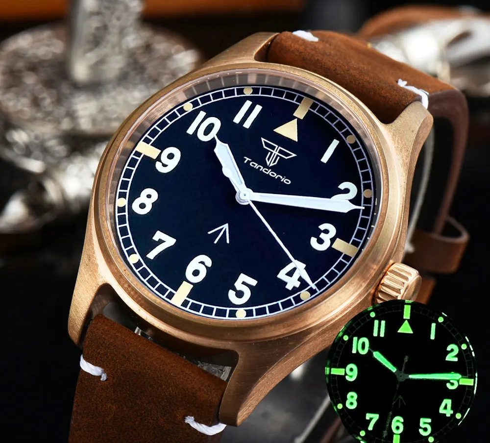 CUSN8 Solid Bronze 39mm Pilot Automatic Diving Watch For Men Tandorio 200m Waterproof Luminous NH35A PT5000 Sapphire Glass