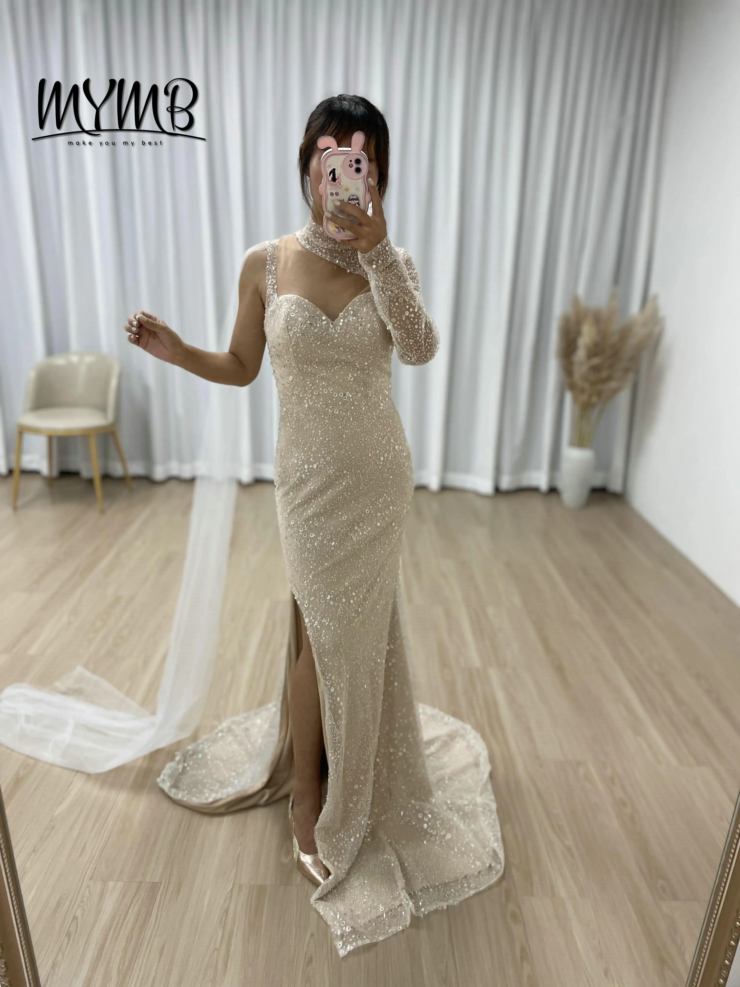 MYMB White Long Sleeve Mermaid Wedding Dresses Sexy for Bride Plus Size Sequin Women Party Dress With High Neck Elegant MY30007
