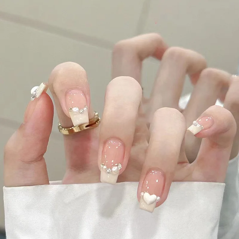 Uñas postizas coreanas para niñas, manicura acrílica de Punta francesa, color crema, Perla blanca, Ballet corto, 24 piezas