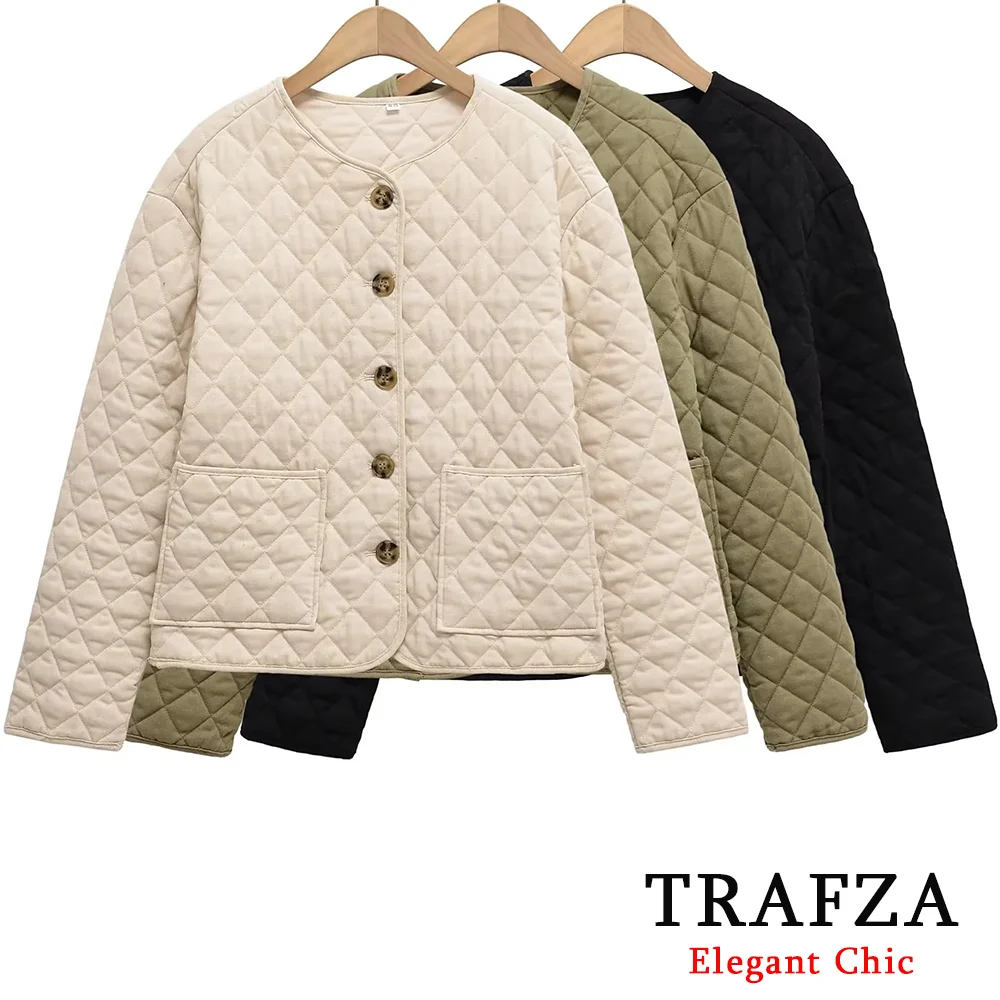

TRAFZA Women Casual Padding Jacket Coat O-Neck Buttons Pockets Jacket Rhombus 2025 Fall Fashion Simple Elegant Lady Jacket Coat