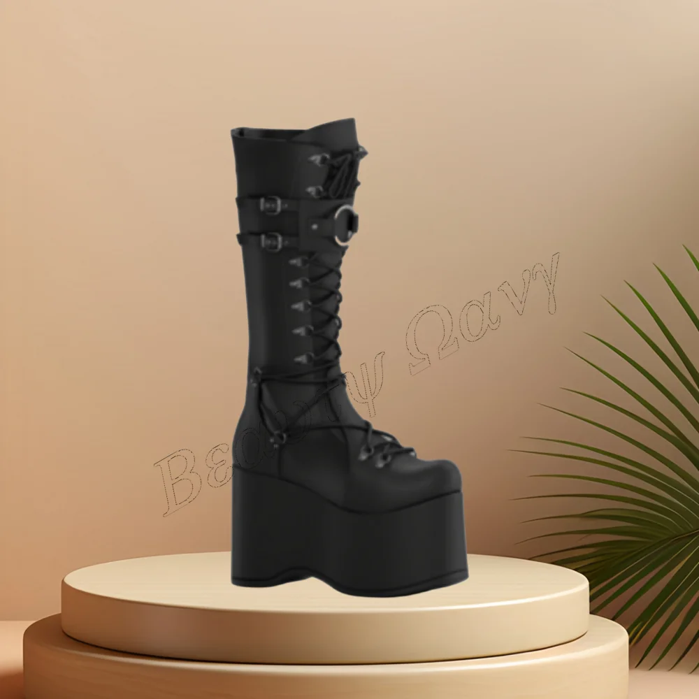 

Black Side Belt Decor Boots Platform Front Cross Tied Chunky High Heel Shoes for Women Wedding Shoes 2023 Zapatos Para Mujere